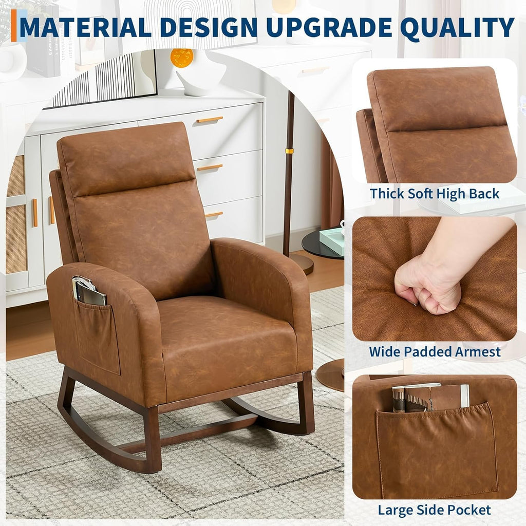 Nursery Rocking Chair, Comfy Modern Glider Rocking Chair with High Backrest and Armrest, Teddy Upholstered Rocking Accent Chair with Side Pockets for Living Room, Bedroom, Office,Brown