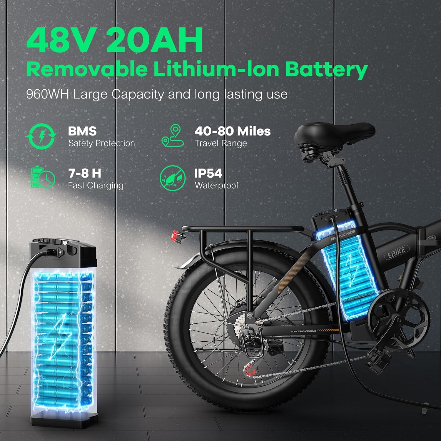 Foldable Electric Bike for Adults, 48V 20Ah Removable Lithium Battery up to 80Miles, 20' Fat Tire 1000W Peak Motor Dirt Ebike Adult Electric Bicycle for Commute Beach Mountain E Bike