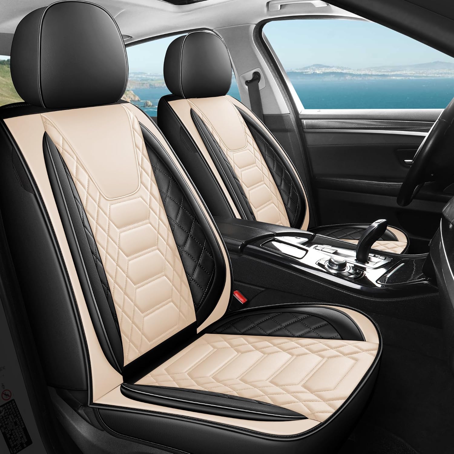 FREESOO Car Seat Covers Leather Seat Cover Full Set Automotive Seat Cover Protector Accessories Airbag Compatible Universal Fit for 5 Seats Black Beige