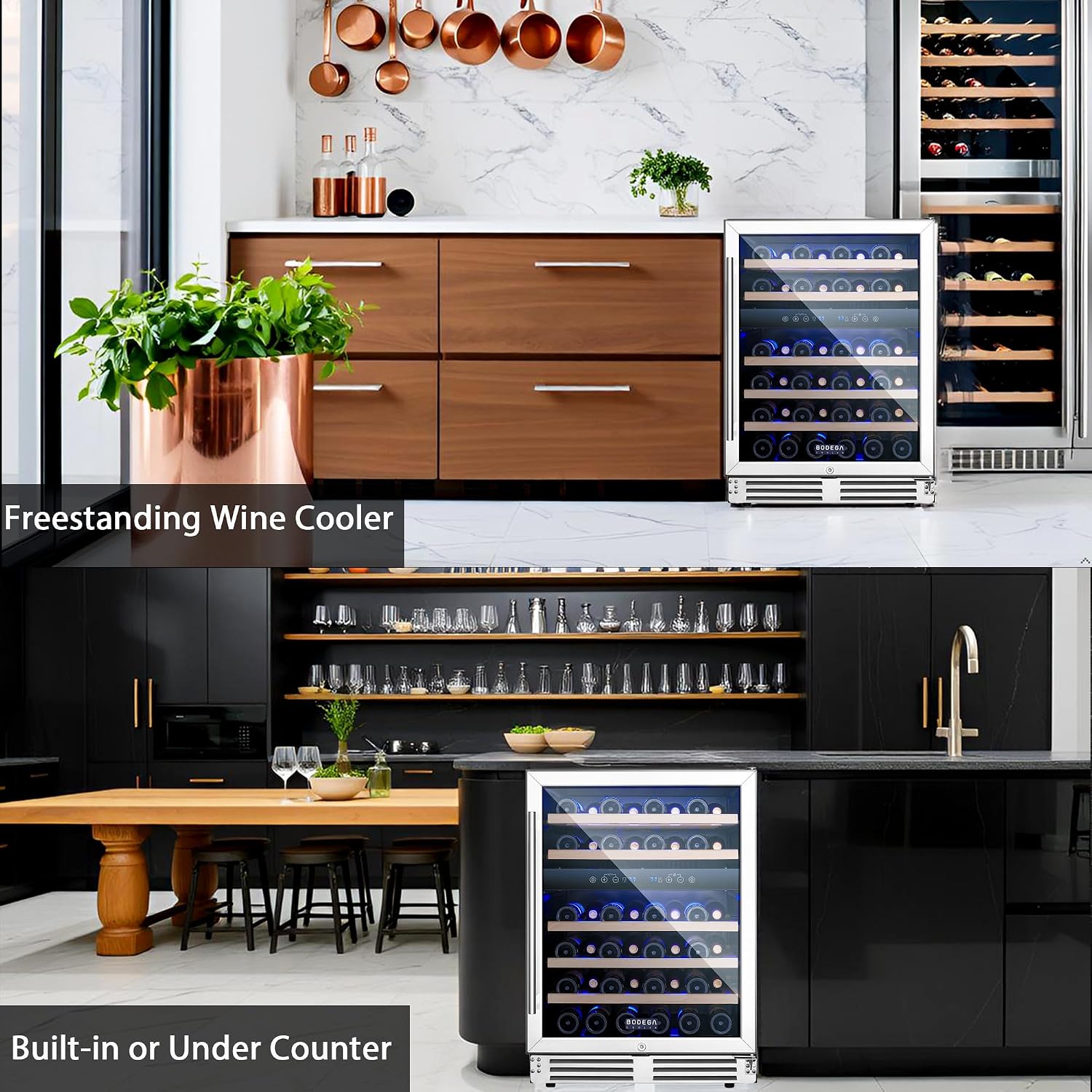 BODEGA 24 Inch Wine Cooler-46 Bottles Dual Zone Wine Fridge,41-68°F Wine Refrigerators Free standing, Built-in Compressor Mini Fridge with Adjustable Shelves for Home,kitchen, Office, Bar.