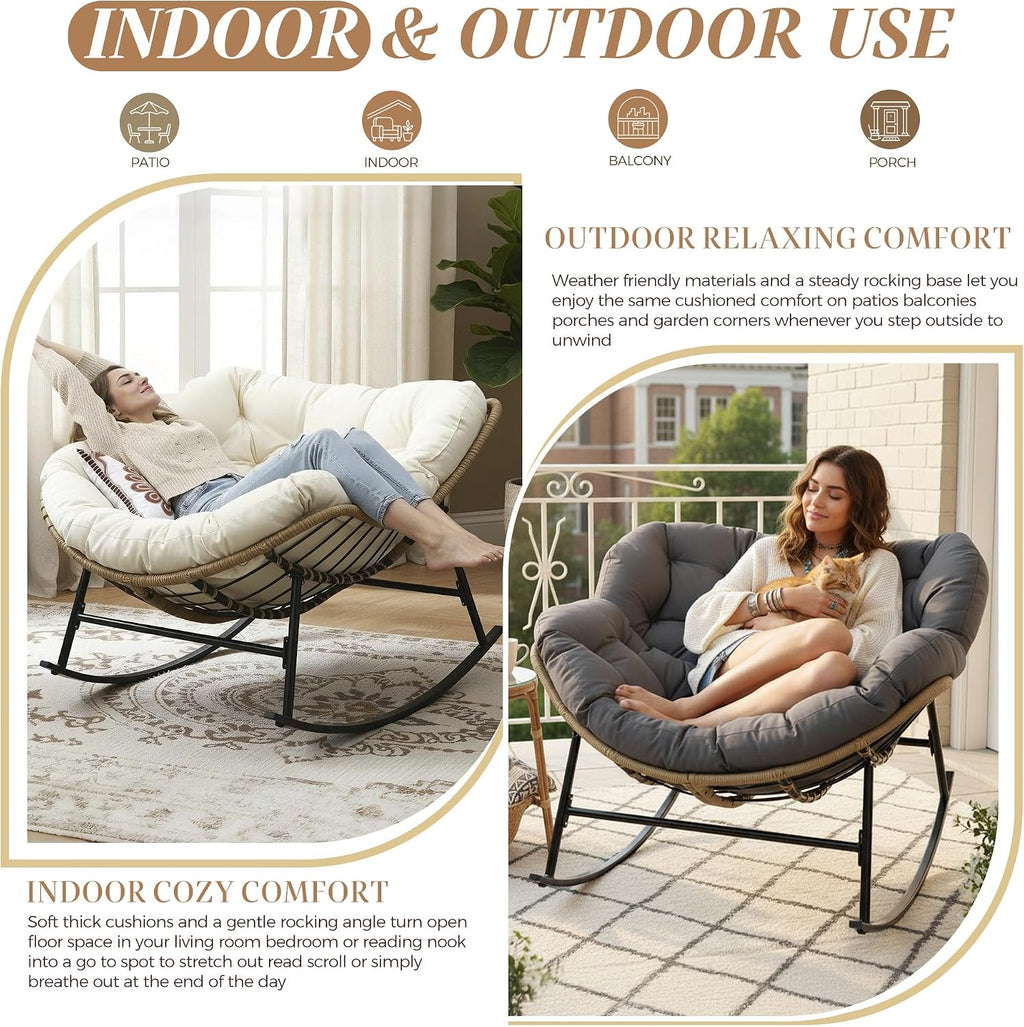 BULEXYARD Oversized Papasan Rocking Chair Outdoor with Cushion, PE Wicker Royal Rocking Egg Chair for Reading/Relaxing, 450 lbs Heavy Duty Sturdy Glider Recliner for Balcony, Porch, Livingroom Grey