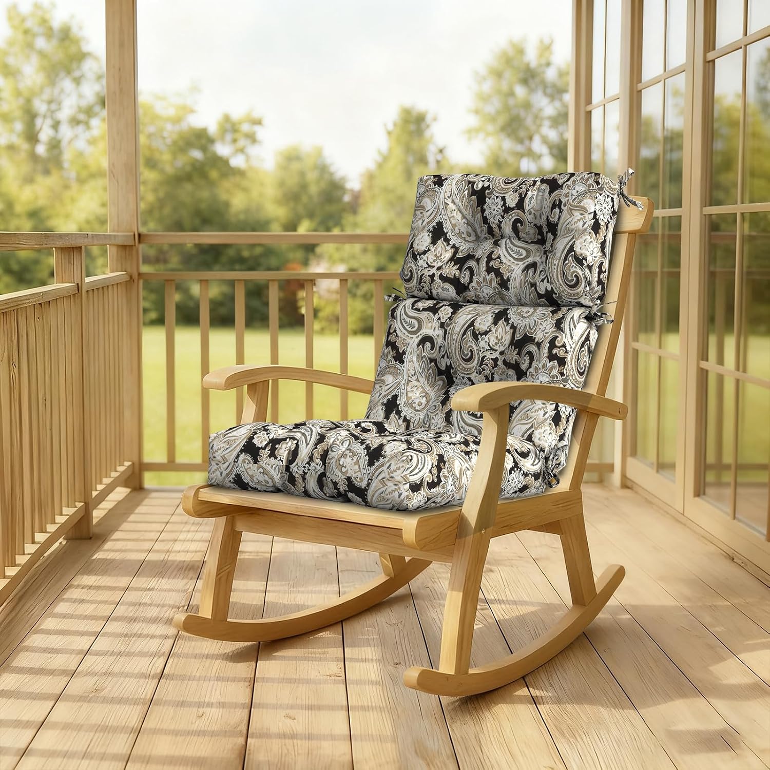 DYTXIII Outdoor High Back Chair Cushions Set of 2, Water Repellent Tufted Rocking Seat Cushions Replacement 44 x 22 Inch, Seat & Back Chair Pads for Patio, Balcony and Indoor Use -Paisley Black