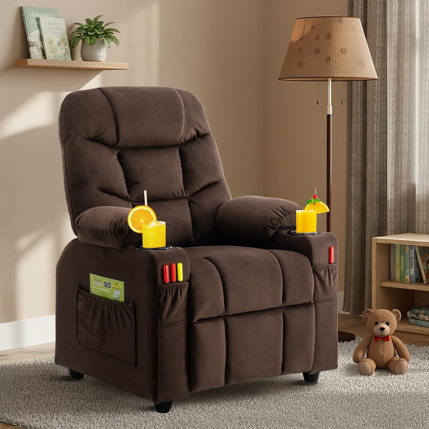 Donut Larger Kids Reclining Chair Velvet Fabric Recliner Sofa Push Back Lounge Children Toddler Boys Girls Ages 3-12 with Dual Cup Holders and 4 Pockets