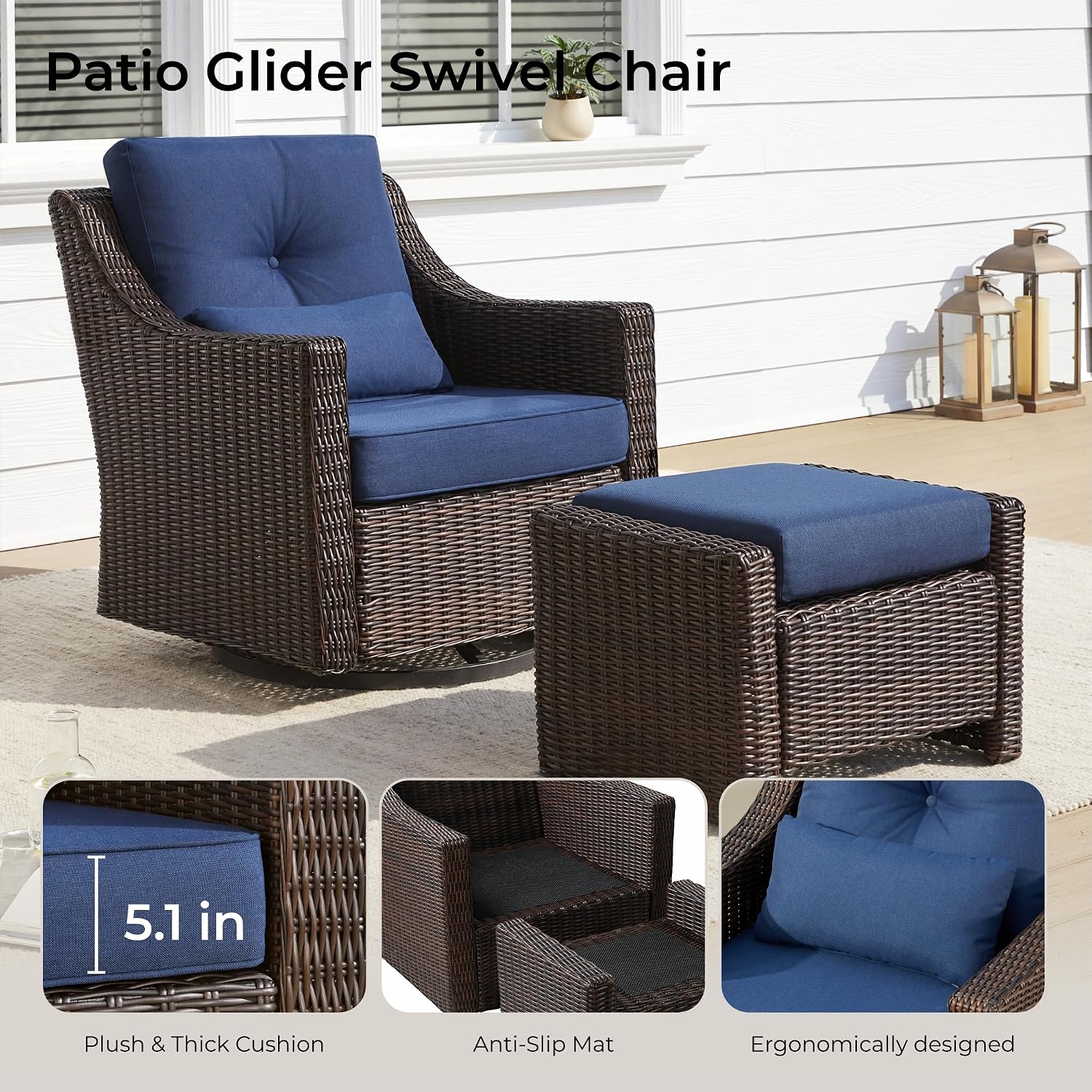 CHITA 2 Pieces Patio Wicker Furniture Set, Outdoor Rattan Bistro Set with Rocking Swivel Chair, Thickened Cushions and Ottoman