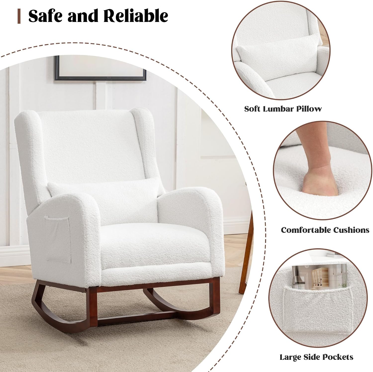 HCHAIRH Rocking Chair Nursery with Foot Rest, Wingback Nursery Rocking Chairs Sherpa Nursing Chairs Glider Rocker with Pillow for Living Room, Bedroom, Teddy White