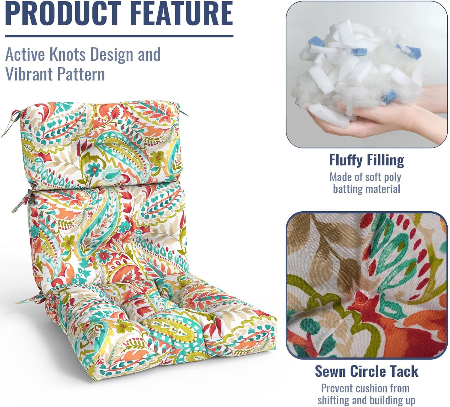 Outdoor High Back Patio Chair Cushions, Tufted Rocking Chair Cushions, Adirondack Cushions for Garden Porch Home Office Chair Use, 44' x 22' x 4', 2 Pack, Pretty Paisley
