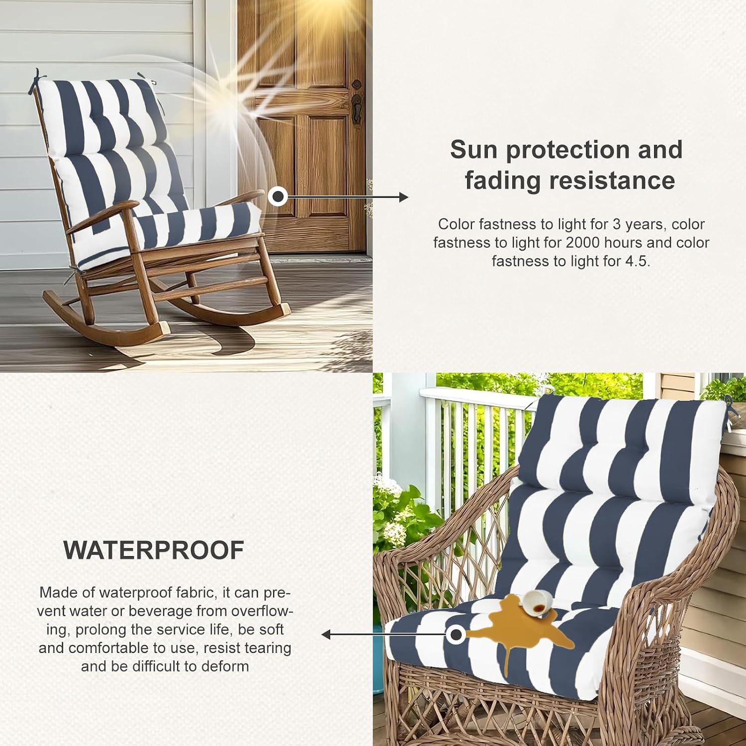 Outdoor High Back Chair Cushions 2-Pack, 44'x22'x 4' Fade-Resistant Waterproof Tufted Pads with Ties for Patio Rocking & Adirondack Chairs (Navy Blue White)