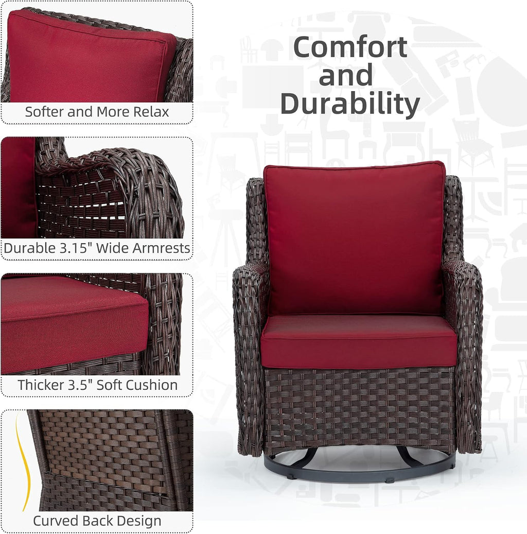GarveeLife 3 Pieces Outdoor Swivel Chair Set, Upgraded Encrypted Rattan Wicker Swivel Rocker Patio Chairs, Thick Cushion and Side Table for Balcony, Porch, Backyard, Garden, Red