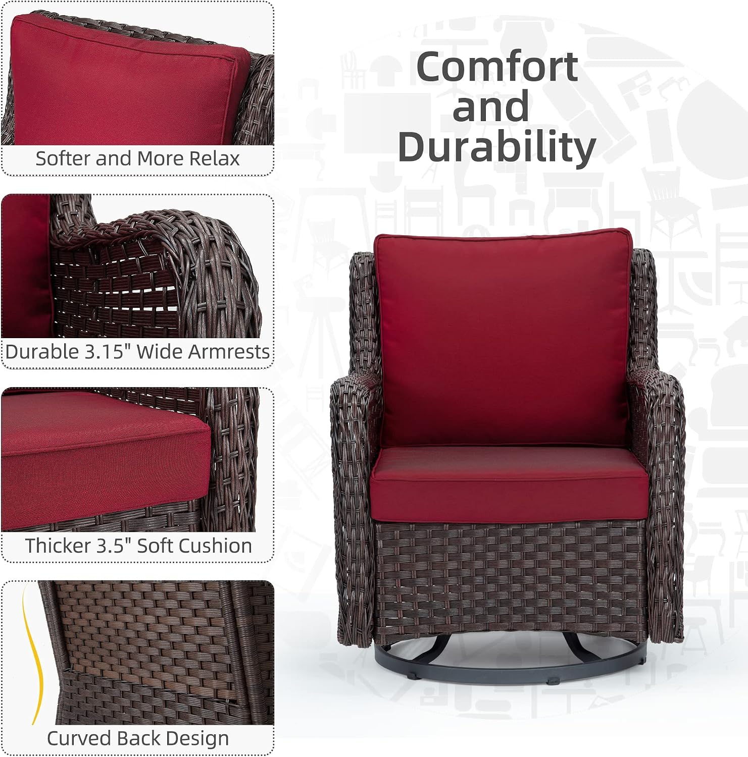 GarveeLife 3 Pieces Outdoor Swivel Chair Set, Upgraded Encrypted Rattan Wicker Swivel Rocker Patio Chairs, Thick Cushion and Side Table for Balcony, Porch, Backyard, Garden, Red