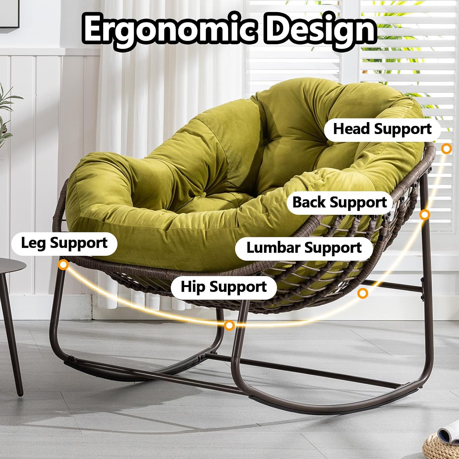 HRVEOCEI Papasan Rocking Chair with Cushion and Frame, Oversized Rocking Chair Indoor/Outdoor, Circle Chairs for Patio Garden Front Porch, Corduroy/Velvet (Olive)