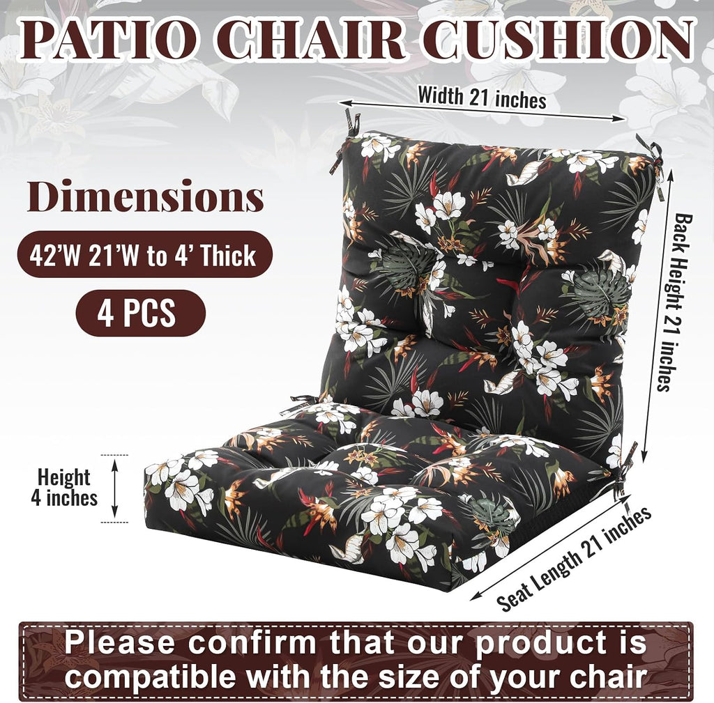 Marsui 4 Pcs Outdoor Indoor High Back Chair Cushions Patio Furniture Tufted Pillow with Ties Water-Resistant Replacement Outdoor Rocking Chair Cushions, 42 x 21 Inches (Black,Plants)