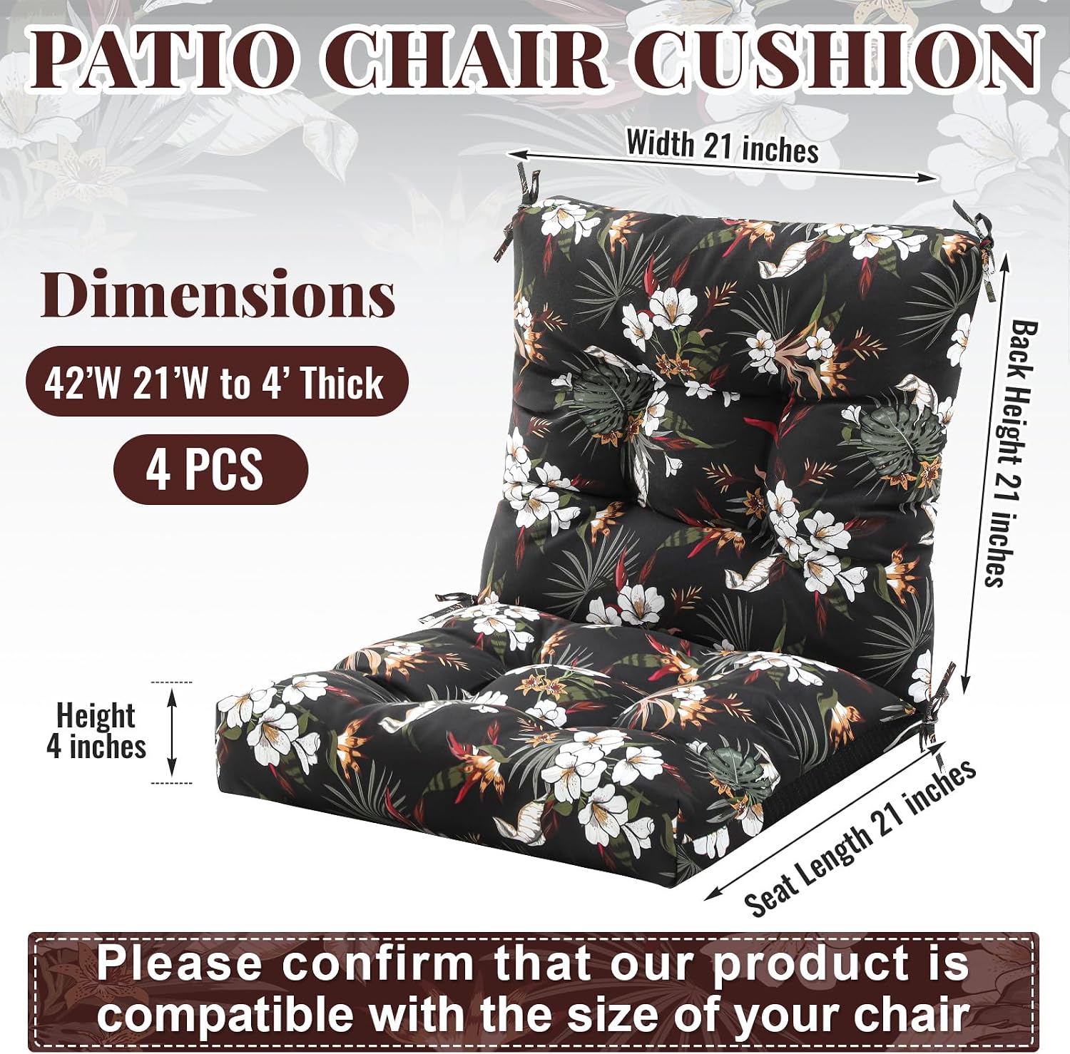 Marsui 4 Pcs Outdoor Indoor High Back Chair Cushions Patio Furniture Tufted Pillow with Ties Water-Resistant Replacement Outdoor Rocking Chair Cushions, 42 x 21 Inches (Black,Plants)