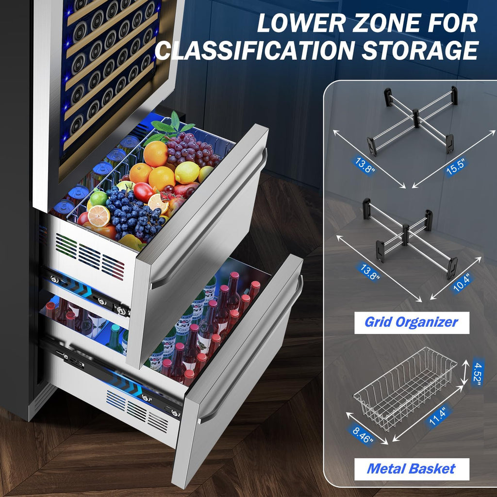 Velivi 24 Inch Wide Wine and Beverage Refrigerator With Dual Drawer, 2 IN 1 Dual Zone Wine Cooler, Built-In or Freestanding Beverage Fridge, for Home Bar Kitchen, Hold Up To 107 Bottles and 149Cans