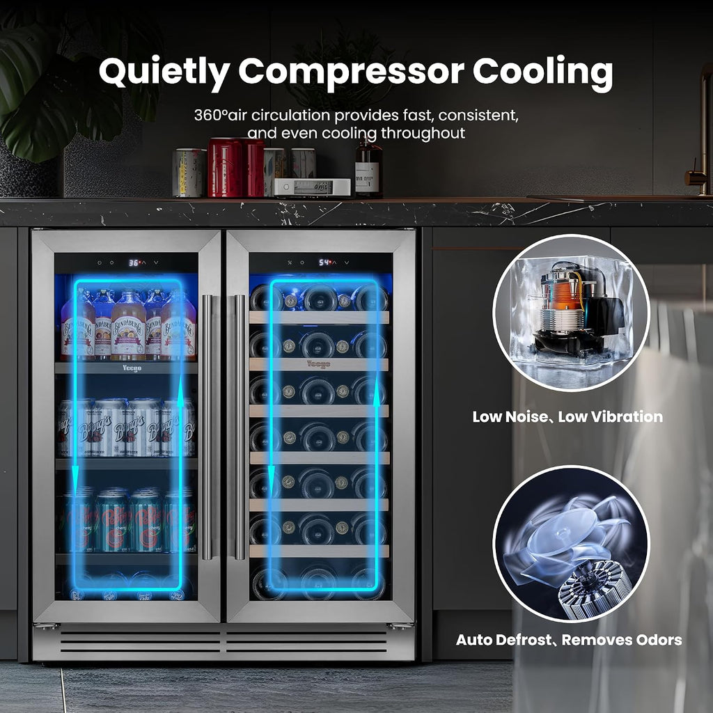 Yeego Wine & Beverage Refrigerator, 30 Inch 80 Cans and 33 Bottles Dual Zone Wine Cooler with Glass Door, 36-72°F Drink Cooler for Built-in or Freestanding, For Kitchen,Bar or Office