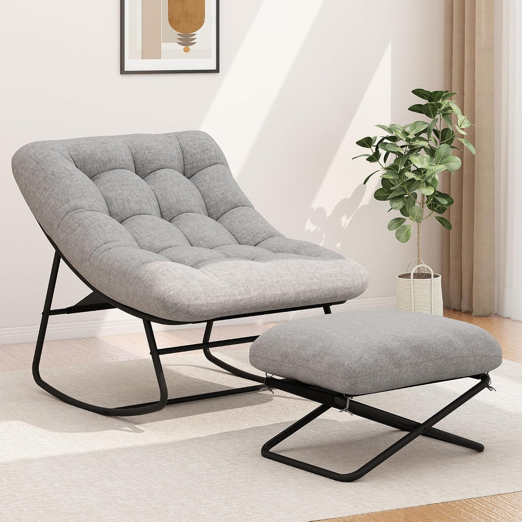 EazeHome Outdoor Rocking Chair with Footrest, Oversized Papasan Rocking Chair with Metal Frame&Cushion, Patio Egg Rocker Lounge Chair for Porch, Balcony, Bedroom, Living Room, Gray