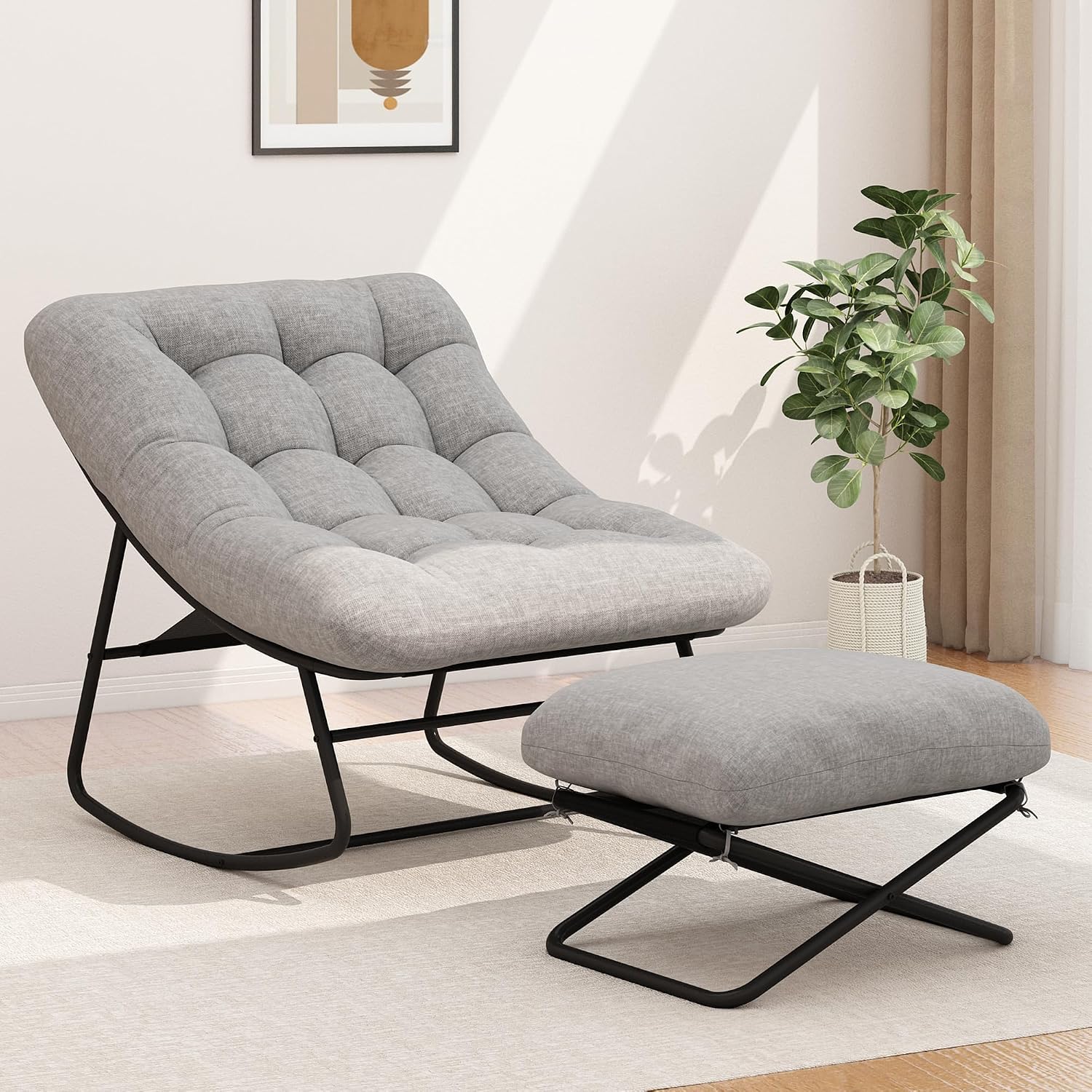 EazeHome Outdoor Rocking Chair with Footrest, Oversized Papasan Rocking Chair with Metal Frame&Cushion, Patio Egg Rocker Lounge Chair for Porch, Balcony, Bedroom, Living Room, Gray