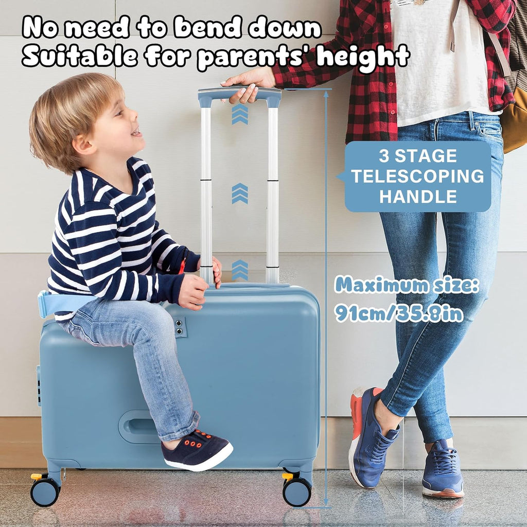 Kids Ride On Suitcase | 20 Inch Kid Carry-On Luggage with Seat, Folding Handlebar & Adjustable Belt | Fun Rideable Travel Case for Boys & Girls, Ideal for Airplane Travel