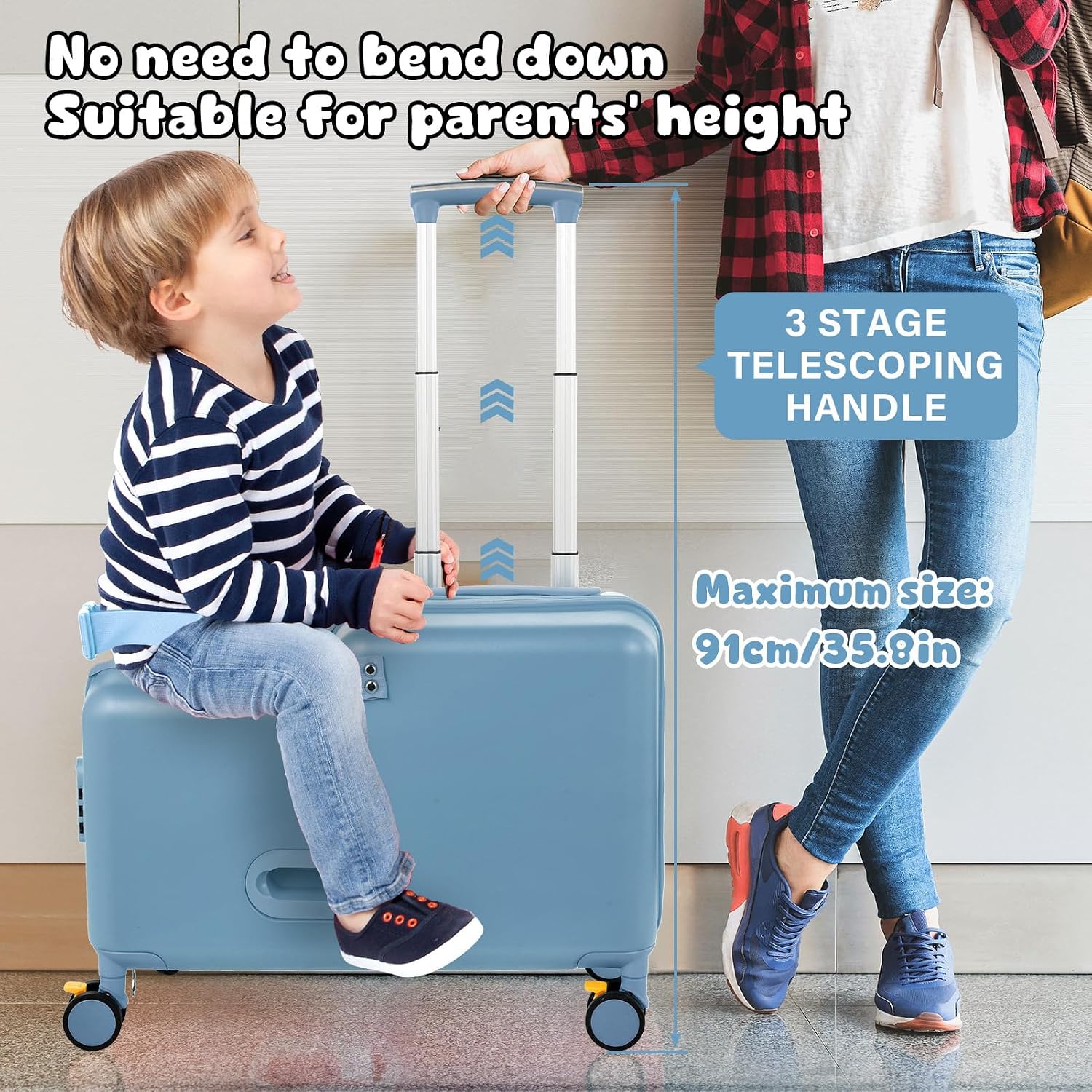 Kids Ride On Suitcase | 20 Inch Kid Carry-On Luggage with Seat, Folding Handlebar & Adjustable Belt | Fun Rideable Travel Case for Boys & Girls, Ideal for Airplane Travel