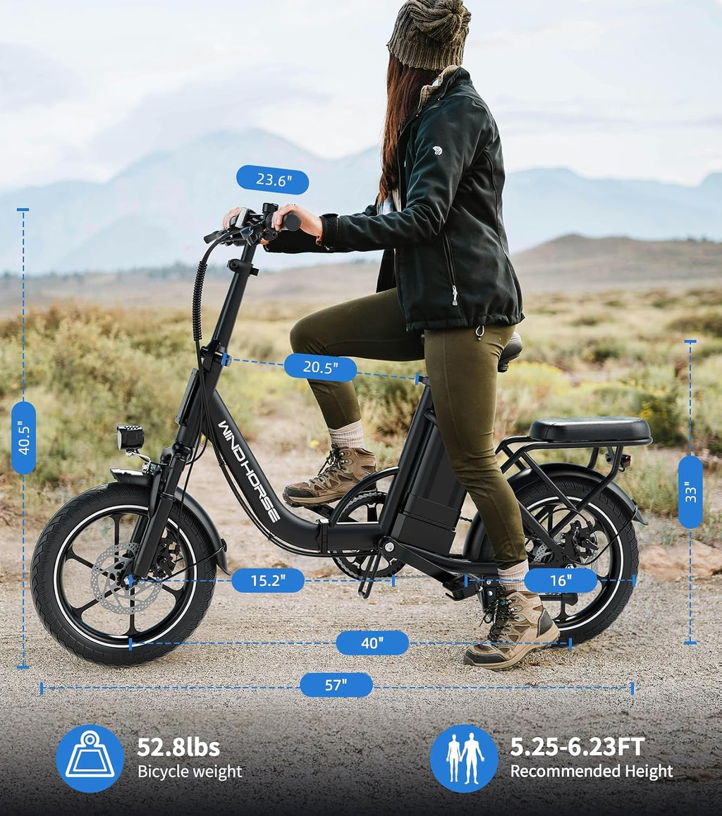 WINDHORSE 16' Folding Electric Bike for Adults, 630W Peak Motor, 20MPH, 19–35 Miles Pedal Assist Range, LCD Display, Dual Disc Brakes, Removable Battery