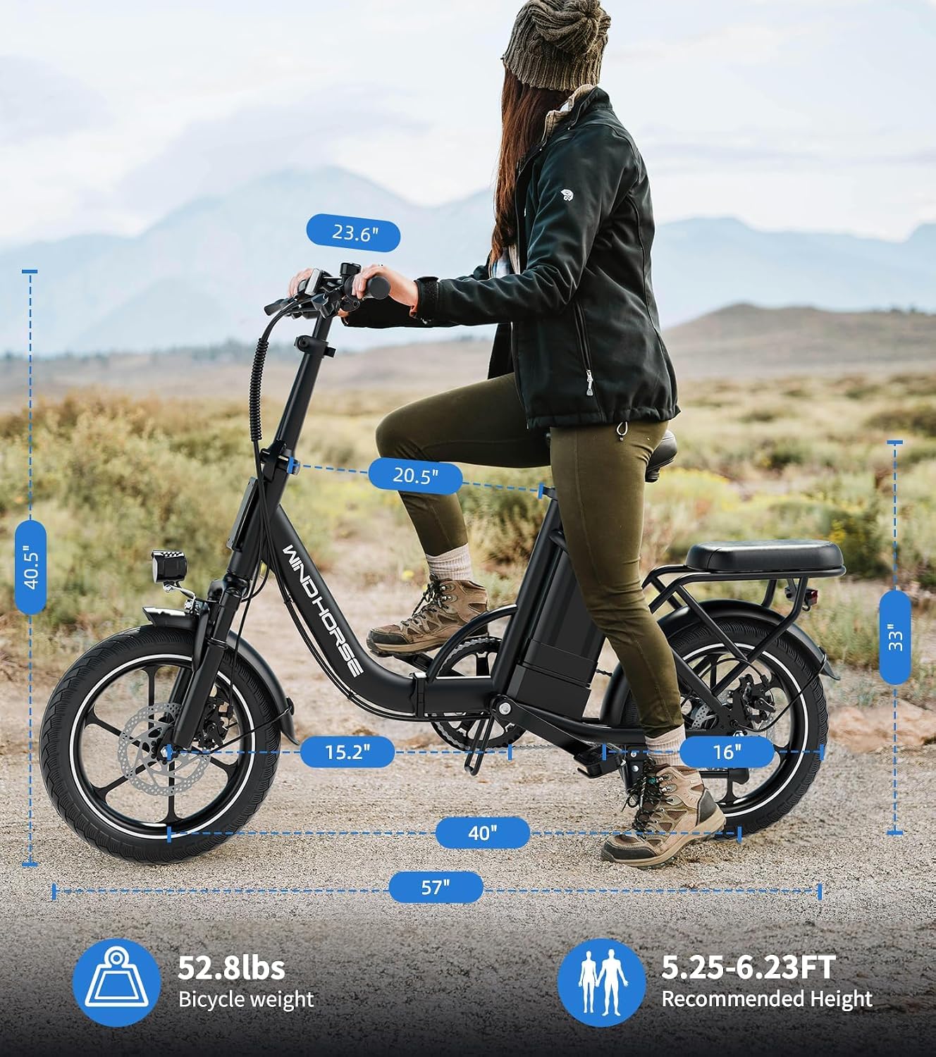 WINDHORSE 16' Folding Electric Bike for Adults, 630W Peak Motor, 20MPH, 19–35 Miles Pedal Assist Range, LCD Display, Dual Disc Brakes, Removable Battery