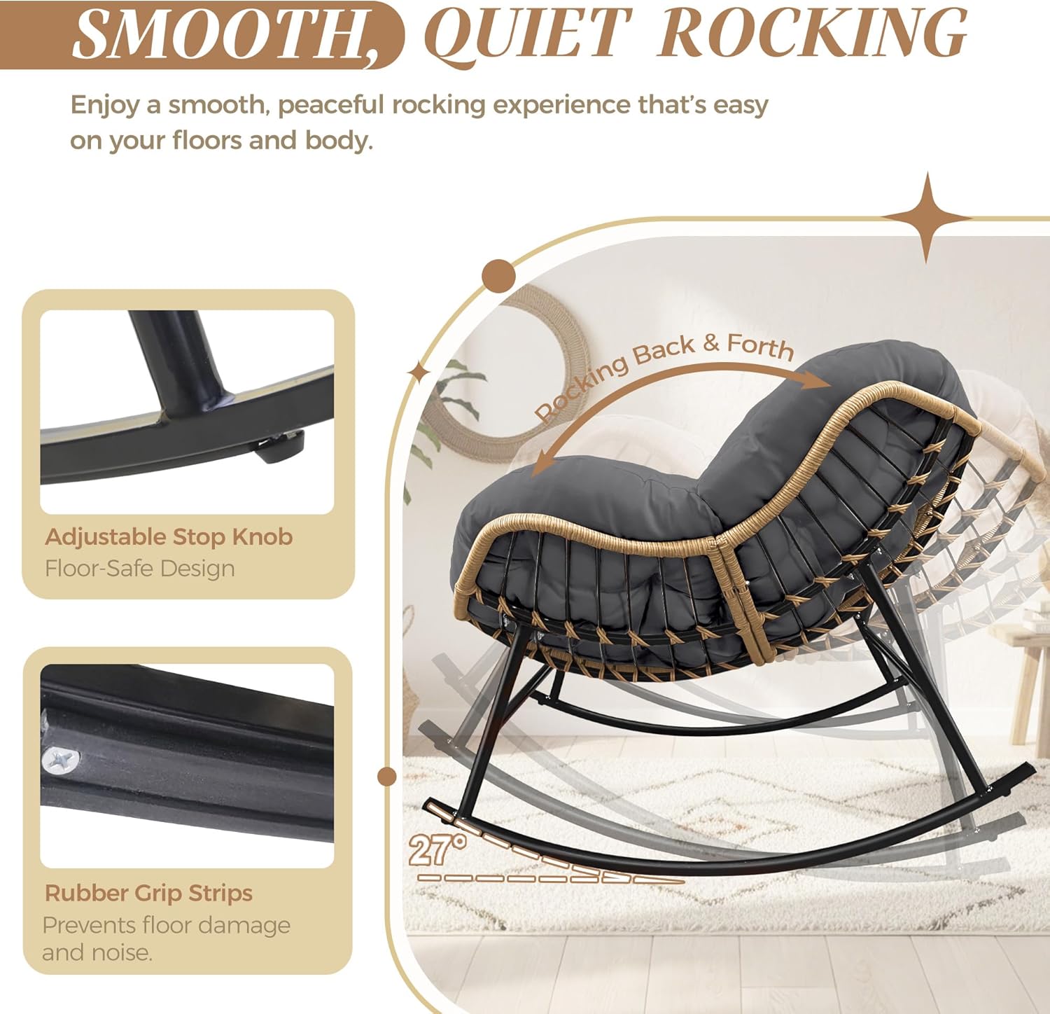 BULEXYARD Oversized Papasan Rocking Chair Outdoor with Cushion, PE Wicker Royal Rocking Egg Chair for Reading/Relaxing, 450 lbs Heavy Duty Sturdy Glider Recliner for Balcony, Porch, Livingroom Grey