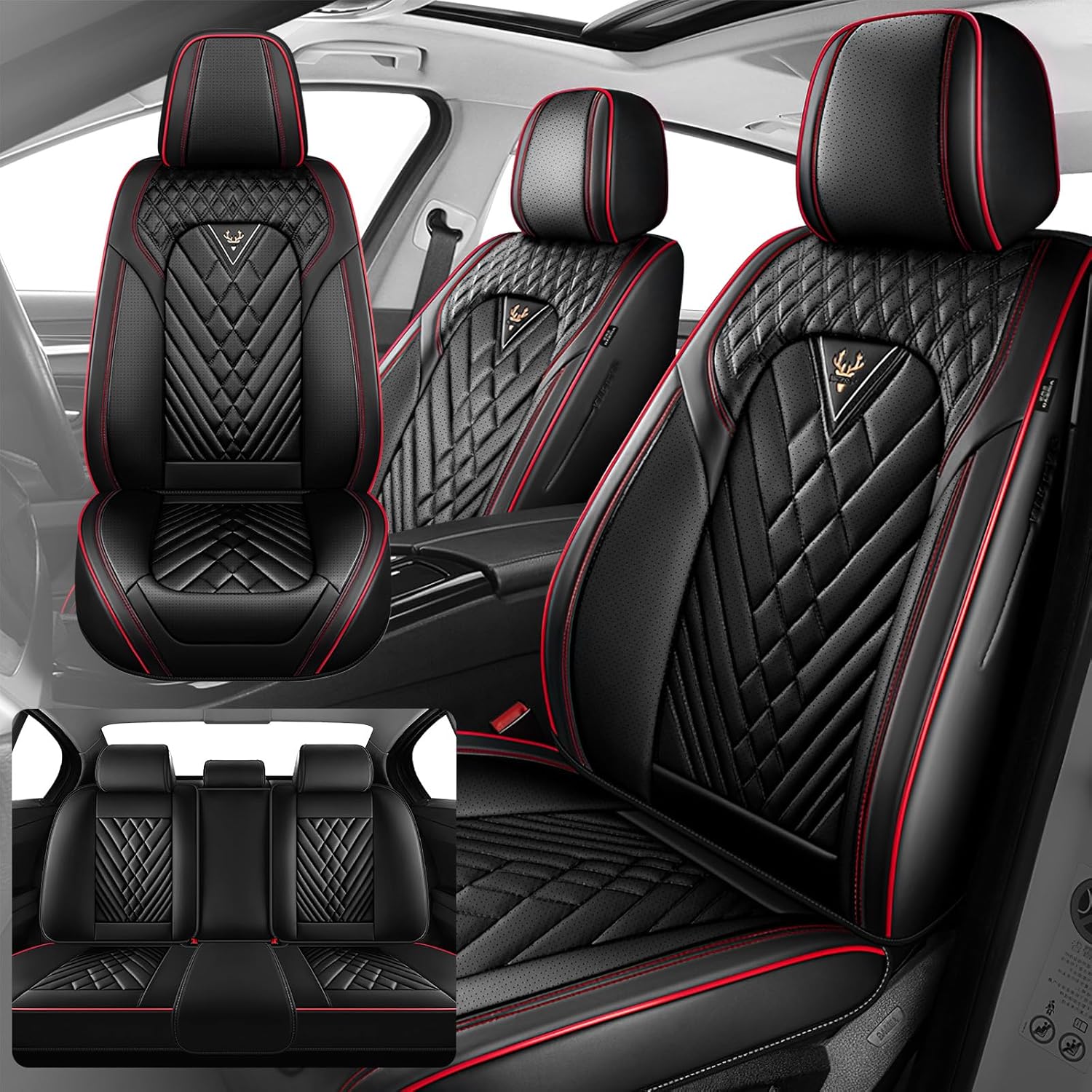 Fit for Honda Odyssey 2000-2026 Seat Covers, Fashion Sport Seat Cover with Waterproof Leather, Airbag Safe Design Seat Protector (5 Full Seat Standard, Black Red)