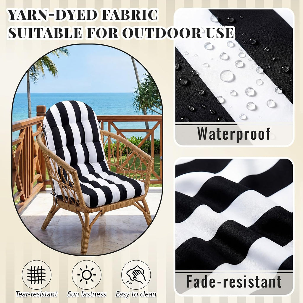 Geelin 4 Pcs Outdoor Patio Chair Cushion Thick High Back Adirondack Chair Cushion Tufted Weather & Fade Resistant Anti-Slip Outside Rocking Chairs Pads with Ties, 44 x 19 x 4 Inch (Black White Stripe)