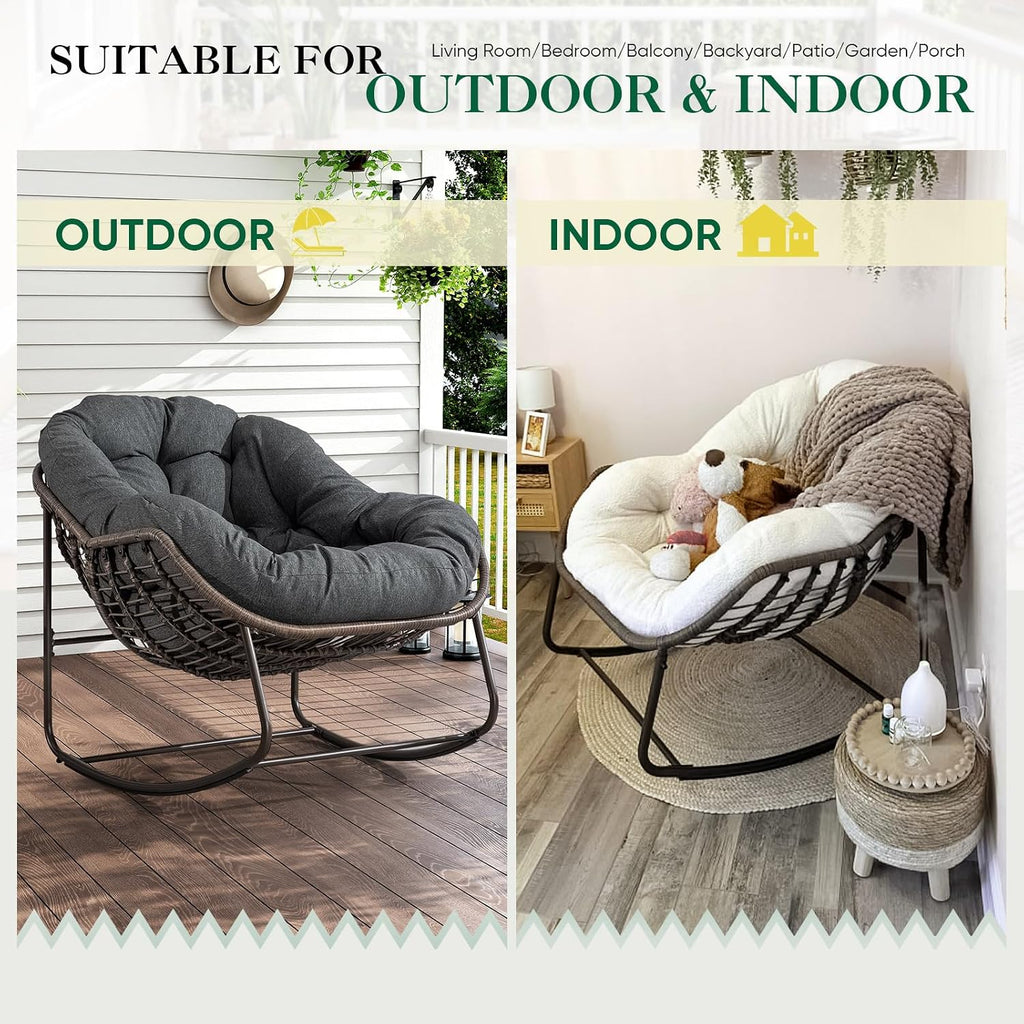 Deolme Large Papasan Rocking Chair with Cushion, Oversized Comfy Reading Chair Lounging Indoor Outdoor Rocker for Front Porch Backyard Bedroom Living Room Egg Chair Rattan (Dark Grey)
