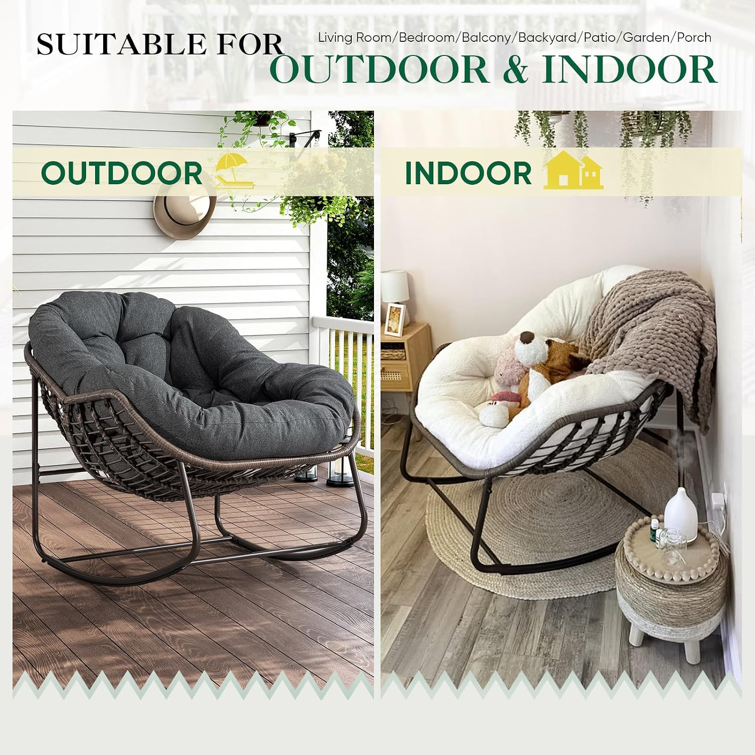 Deolme Large Papasan Rocking Chair with Cushion, Oversized Comfy Reading Chair Lounging Indoor Outdoor Rocker for Front Porch Backyard Bedroom Living Room Egg Chair Rattan (Dark Grey)