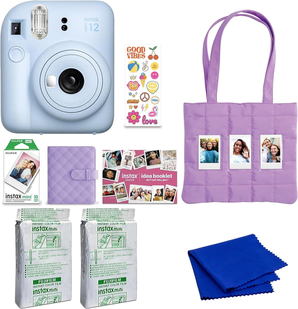 FUJIFILM instax mini 12 Instant Film Camera Holiday Bundle (Pastel Blue) with 2 x Instax Mini Instant Film - Foil Pack and Microfiber Cloth