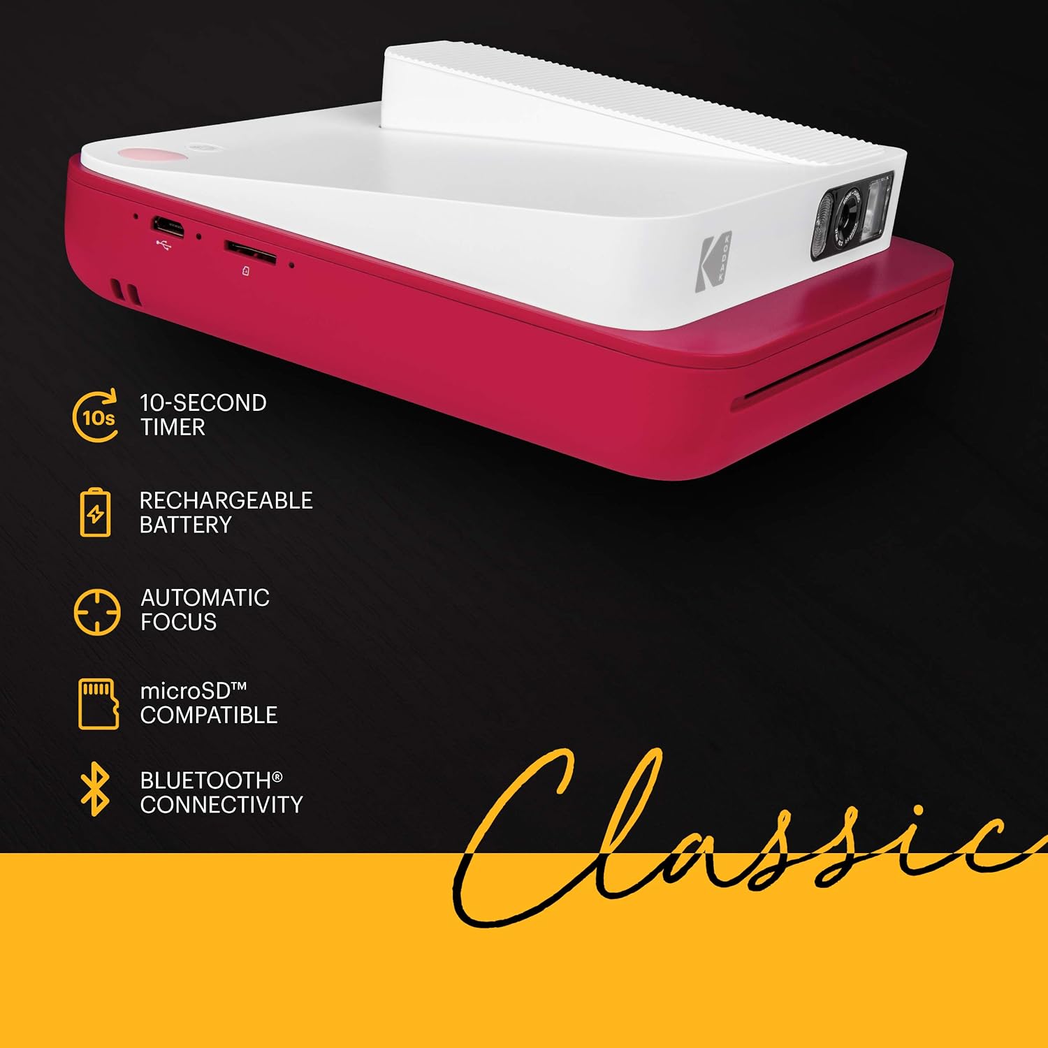 Zink KODAK Smile Classic Digital Instant Camera for 3.5 x 4.25 Zink Photo Paper - Bluetooth, 16MP Pictures (Red)