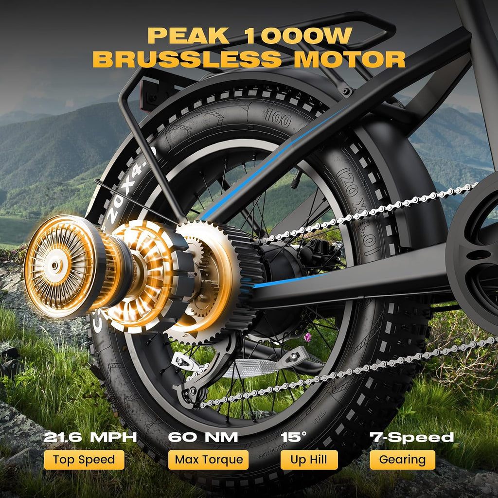 Wooken Electric Bike for Adults, 48V 624Wh Removable Battery Ebike with 60 Miles Long Range, 1000W Peak Brussless Motor, 20×4.0' Fat Tire E Bike,Step-Thru Electric Bicycle, SGS Certified to UL 2849