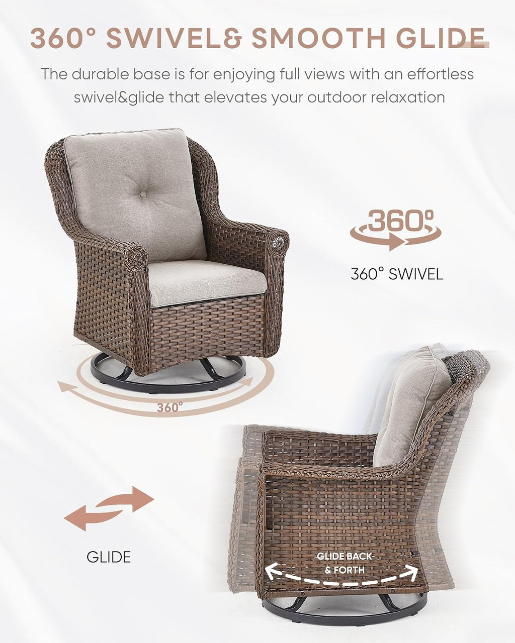 Patio Chairs Outdoor Swivel Glider - Set of 4 High Back Outside Brown Wicker Rattan Rocking Chair with Thick Cushion for Porch Apartment Deck Yard Poolside Garden - Beige