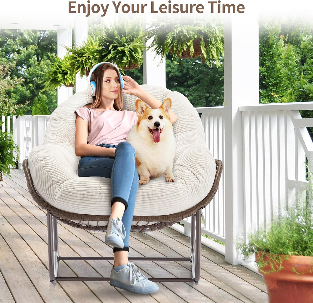 HOMEFUN Outdoor Patio Rocking Chairs Set of 2, Oversized Papasan Rock Chair Indoor with Striped Velvet Padded Cushion - Rocker Egg Seat for Front Porch, Garden, Patio, Backyard White