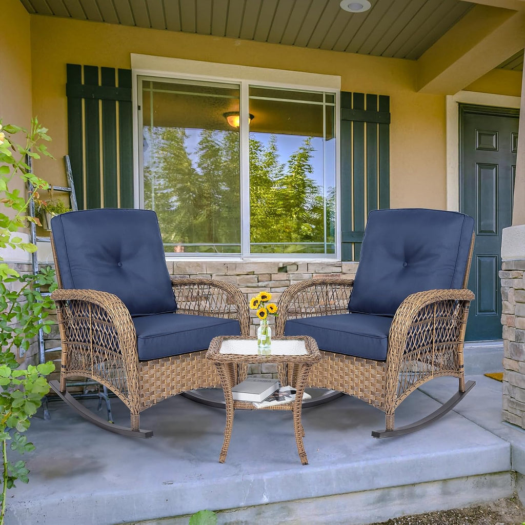 MEETWARM 3 Pieces Outdoor Wicker Rocking Chair Set, Rattan Patio Rocker Chairs Set with Cushions and Glass-Top Coffee Table, Conversation Bistro Set for Porch & Backyard - Navy Blue