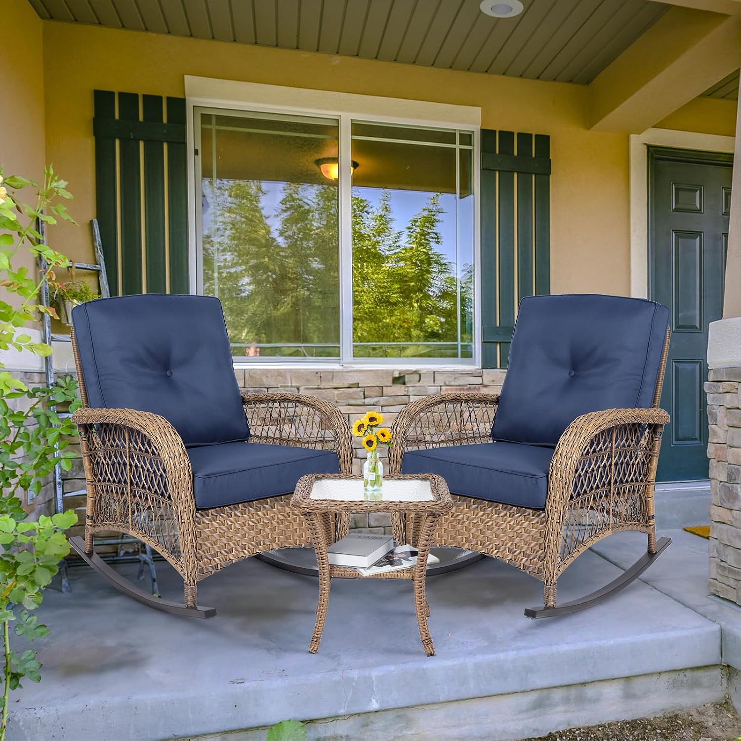 MEETWARM 3 Pieces Outdoor Wicker Rocking Chair Set, Rattan Patio Rocker Chairs Set with Cushions and Glass-Top Coffee Table, Conversation Bistro Set for Porch & Backyard - Navy Blue