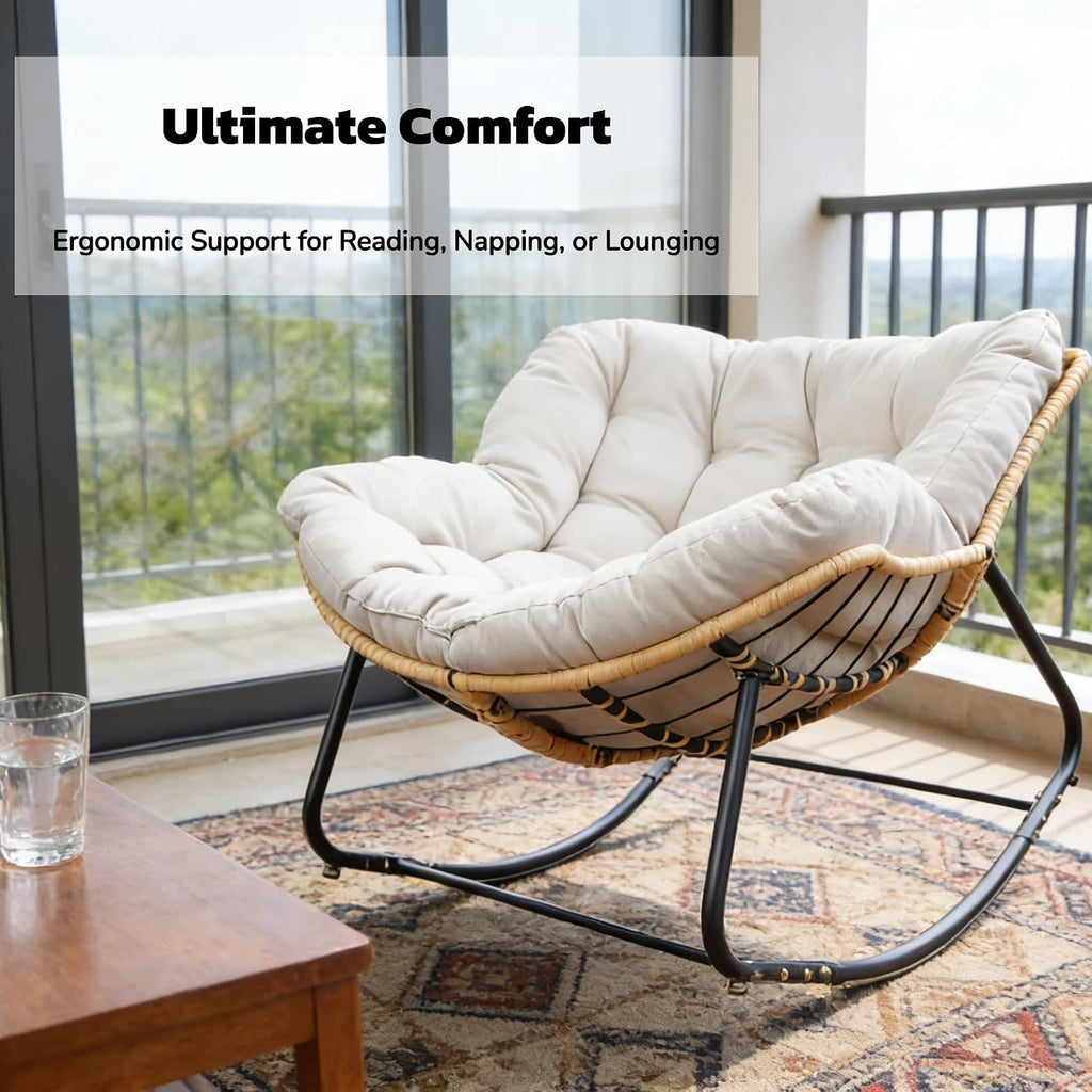 Rocking Papasan Chair Outdoor/Indoor, Rattan Wicker Lounge Rocker Egg Chair with Thick Cushion, Alloy Frame & Anti-Tip Wide Base for Patio, Living Room, Bedroom, Warm Beige