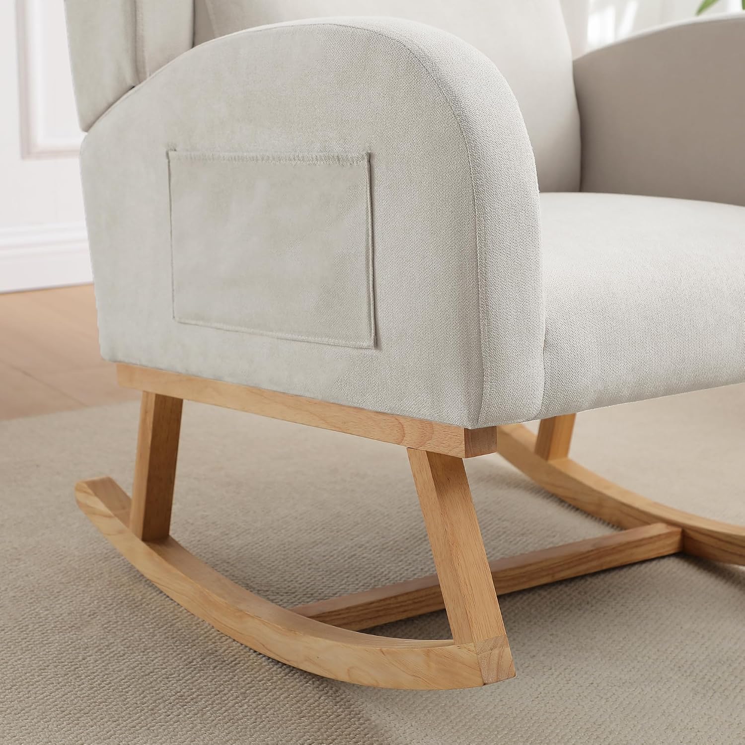 Nursery Rocking Chair,Linen Upholstered Rocker Chair,Wingback Nursing Rocking Chair with High Back for Nursing Adults Living Room, Bedroom(Linen Beige)