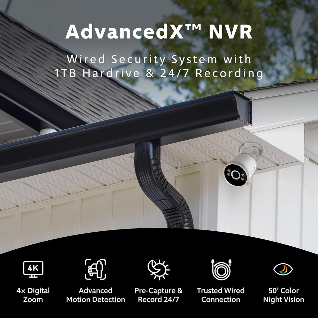 Swann AdvancedX Wired NVR 4K Security Camera System, 8 Channels, 8 PoE Cameras Outdoor, 1TB HDD Storage, Color Night Vision, Smart AI Video Analytics/Alerts, Advanced Motion Detection, 24/7 Recording
