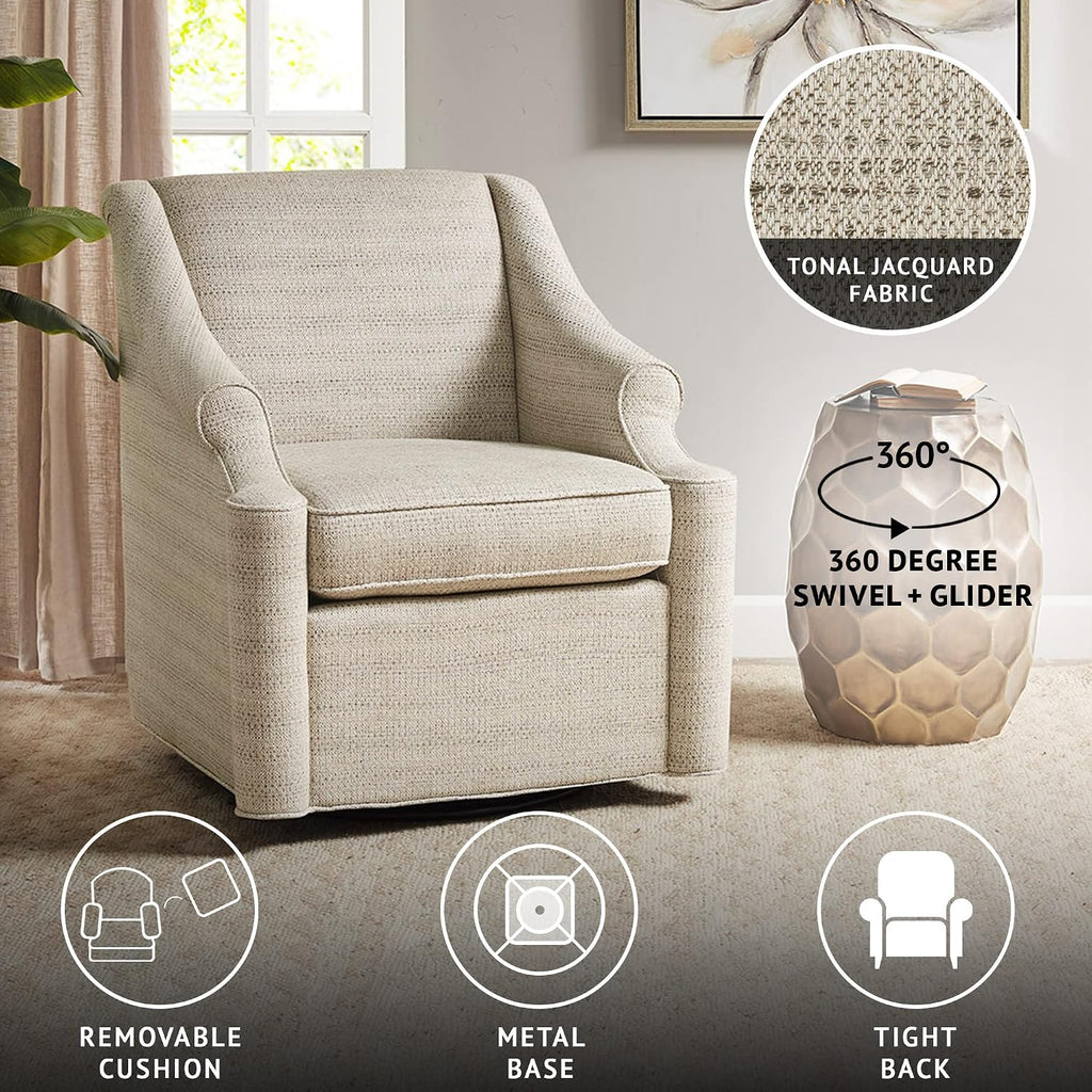 Madison Park Swivel Glider Chair for Living Room, High Back Bedroom Lounge Foam Seat Cushion Upholstered, Nursery Furniture, Metal Base, Fully Assembled, 29.5' W x 30.25' D x 34.5' H, Tan