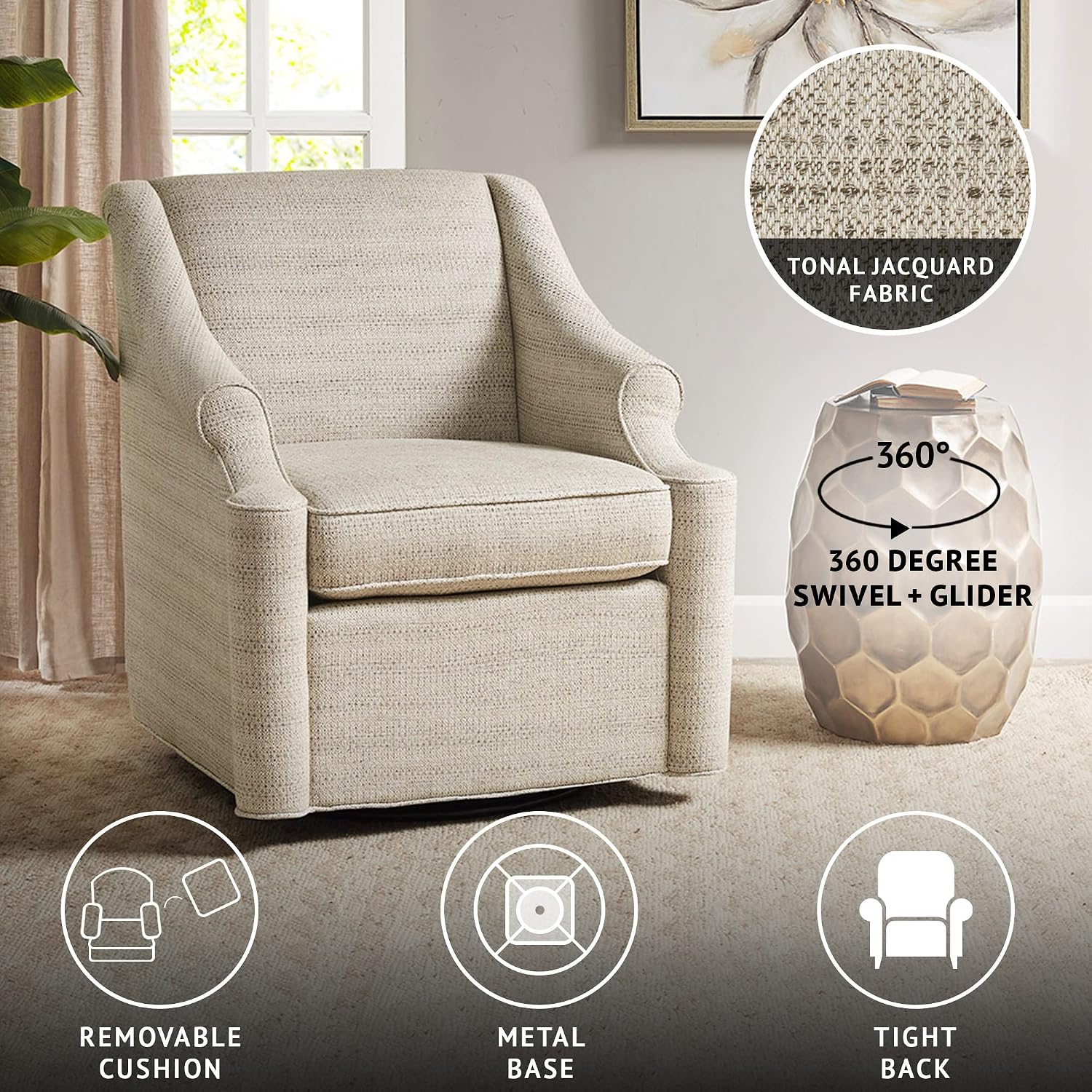 Madison Park Swivel Glider Chair for Living Room, High Back Bedroom Lounge Foam Seat Cushion Upholstered, Nursery Furniture, Metal Base, Fully Assembled, 29.5' W x 30.25' D x 34.5' H, Tan