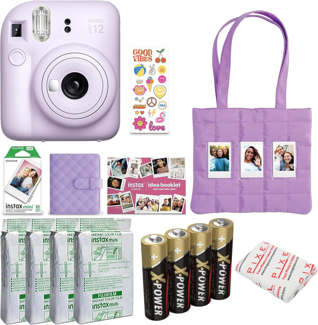 FUJIFILM instax mini 12 Instant Film Camera Holiday Bundle (Lilac Purple) with 4 x Instax Mini Instant Film - Foil Pack, Self Adhesive Cloth, and Ansmann X-Power AA 4-Pack Battery