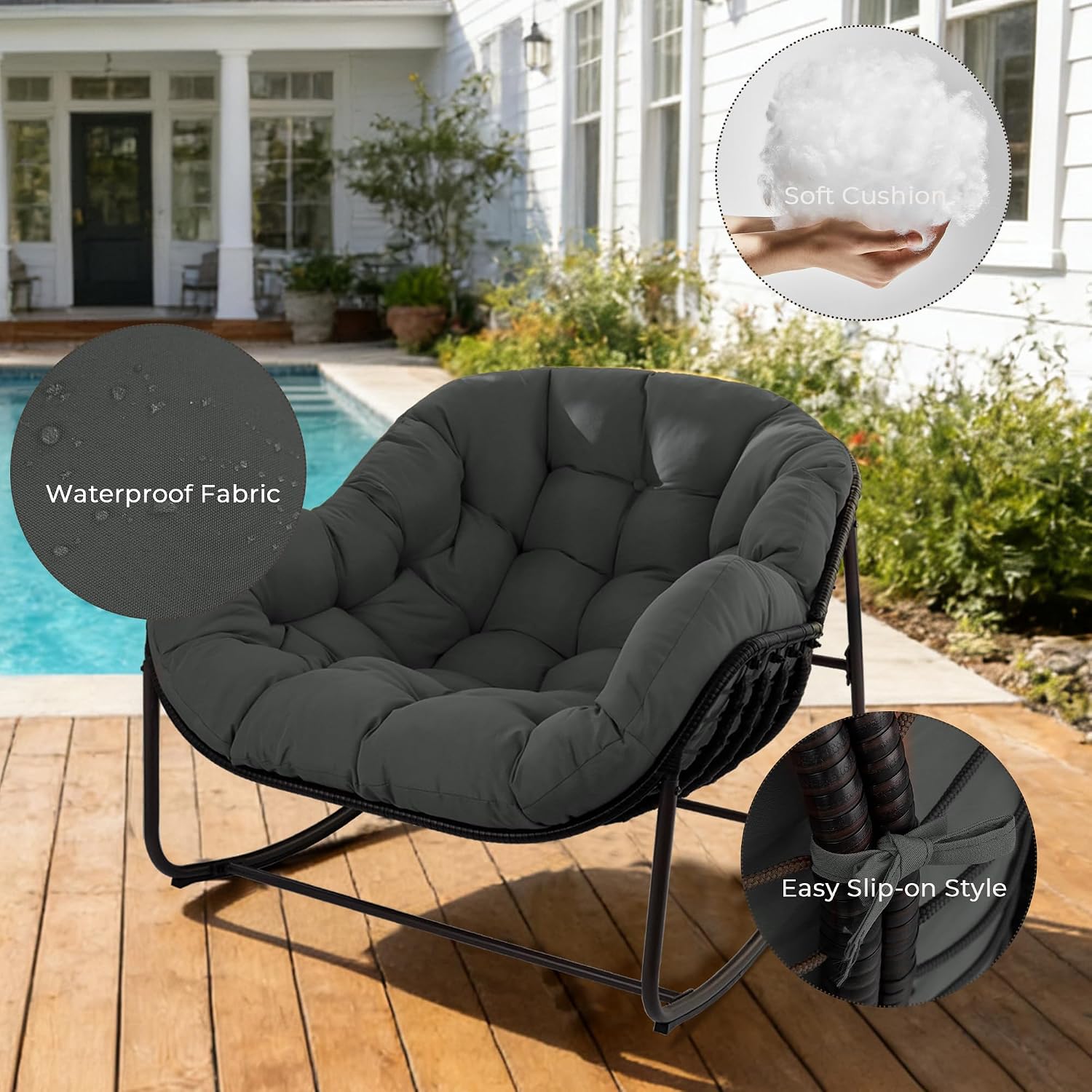 Papasan Rocking Chair Outdoor, Oversized Patio Rocking Chair with Cushions & Steel Frame, Wicker Egg Lounge Chair Indoor, Comfy Reading Chair for Patio, Deck, Porch (Grey, Style 1)