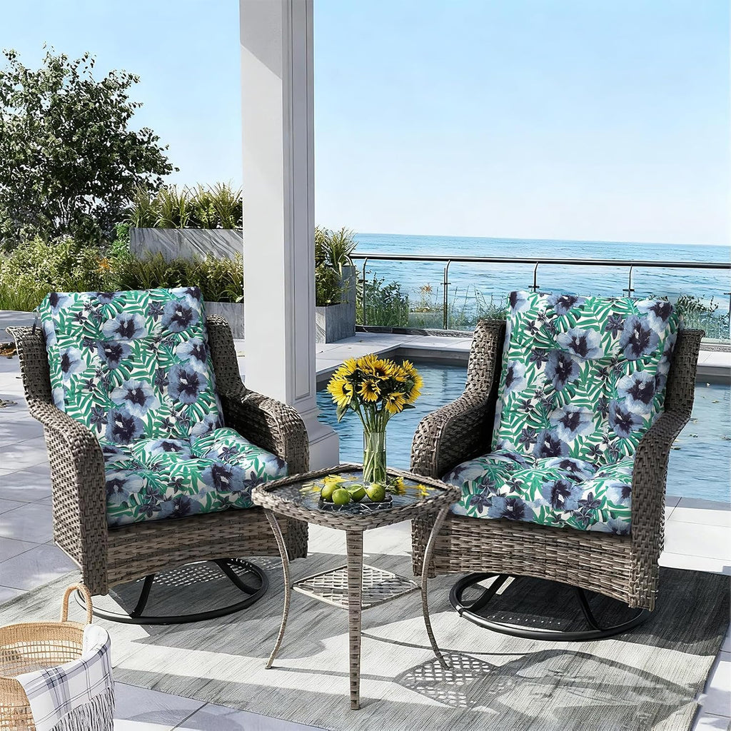 Outdoor Seat Chair Cushions, Tufted Back Patio Furniture Cushions Set of 2, Water Repellent Wicker Replacement for Home Garden Chairs, 42x21x4 Inch, Blue Salmone Tropical