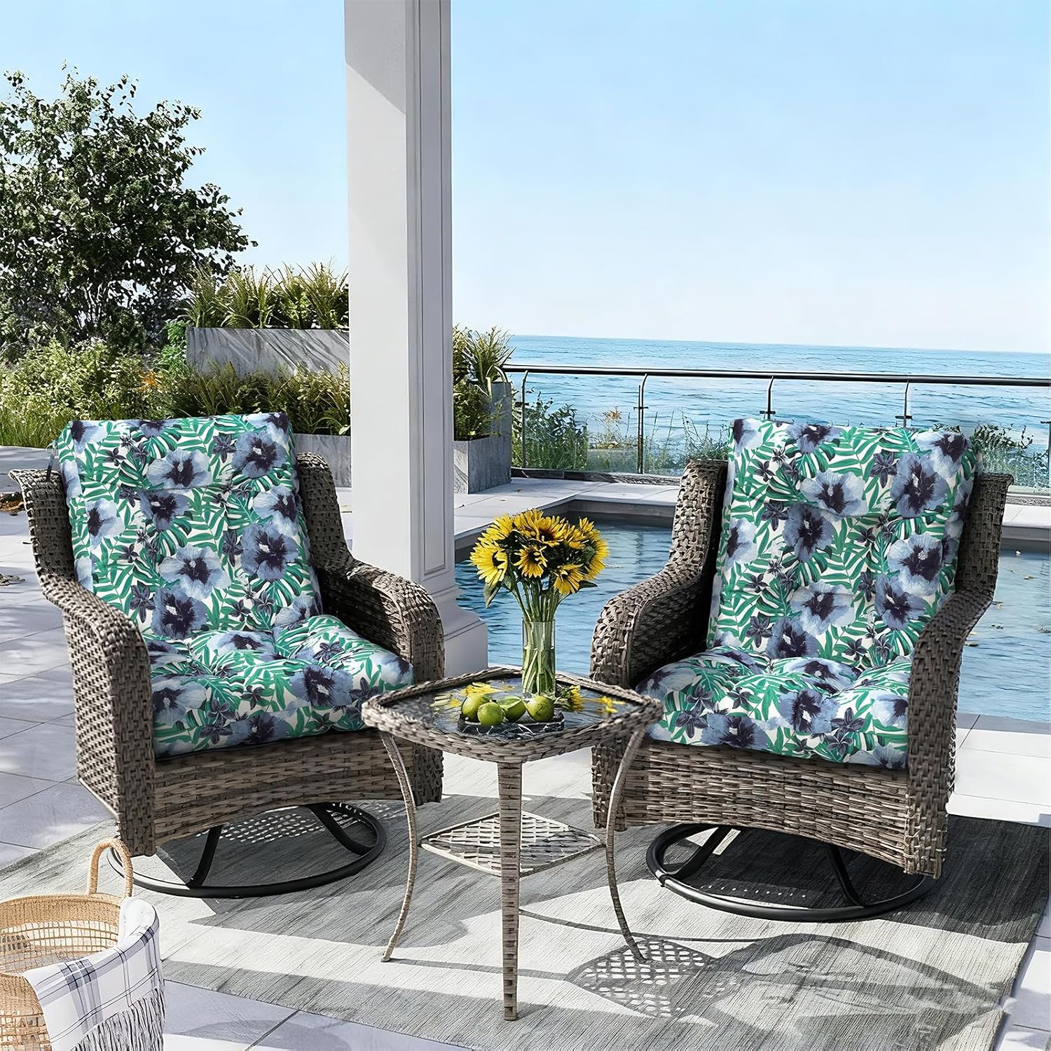 Outdoor Seat Chair Cushions, Tufted Back Patio Furniture Cushions Set of 2, Water Repellent Wicker Replacement for Home Garden Chairs, 42x21x4 Inch, Blue Salmone Tropical