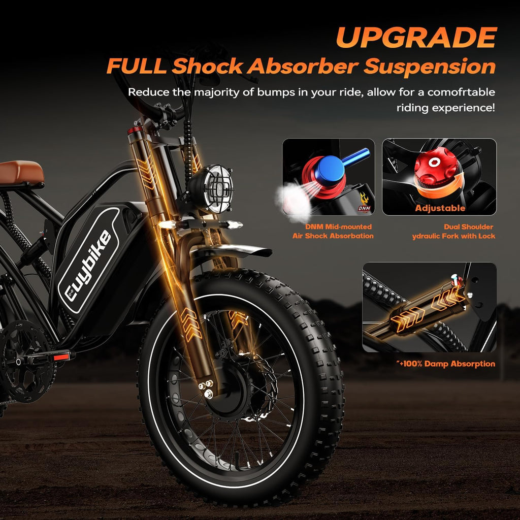 EUYBIKE Electric Bike for Adults, 2000W/3000W Peak Single/Double Motor with 48V/52V 25AH/30AH Battery, 20'x4.0' Fat Tires 35MPH/37MPH Ebike, Dual Hydraulic Disc Brake Full Suspension Electric Bicycle