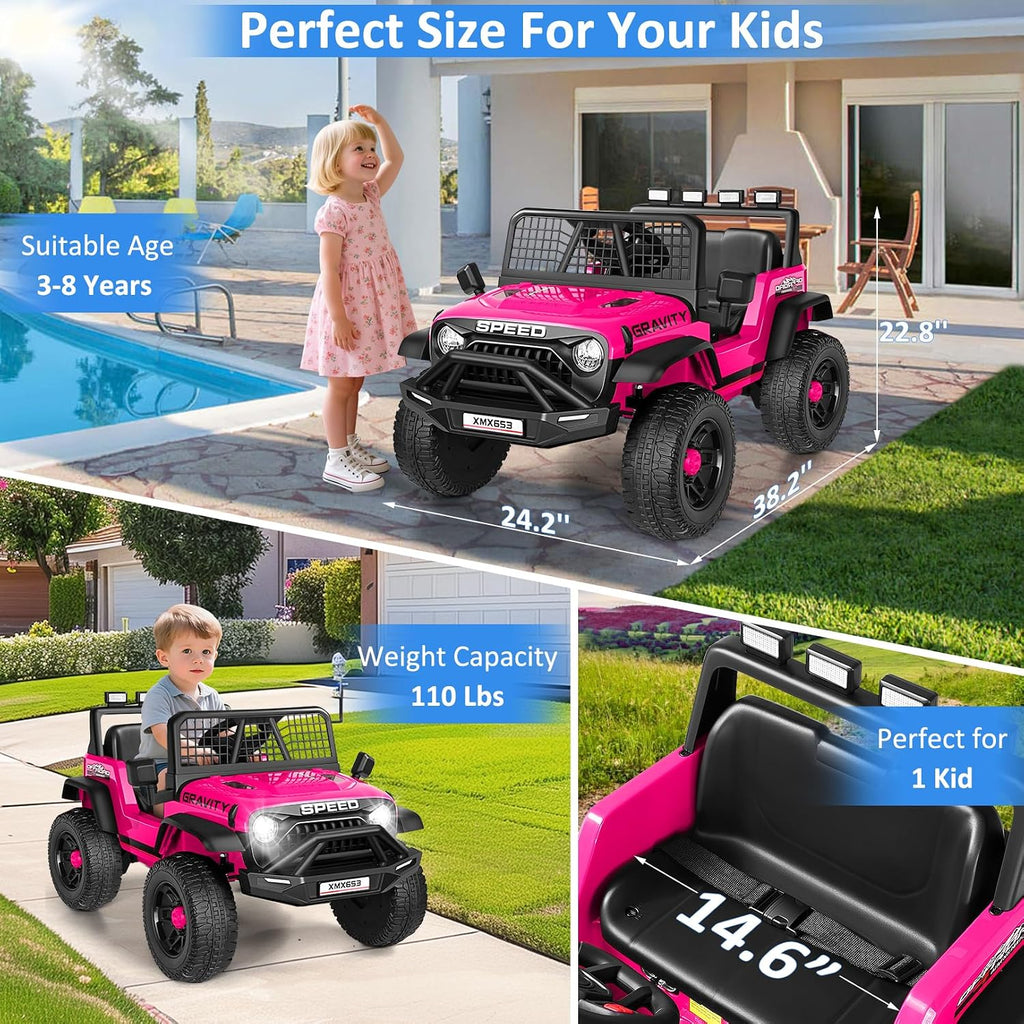 Hikole 12V Kids Electric Car with Remote Control, 1-Seater Ride on Truck Toy, Bluetooth Music, Dual Steering Wheel, Shock Absorbing Suspension, LED Lights & Safety Belt for Boys Girls Ages 3-6