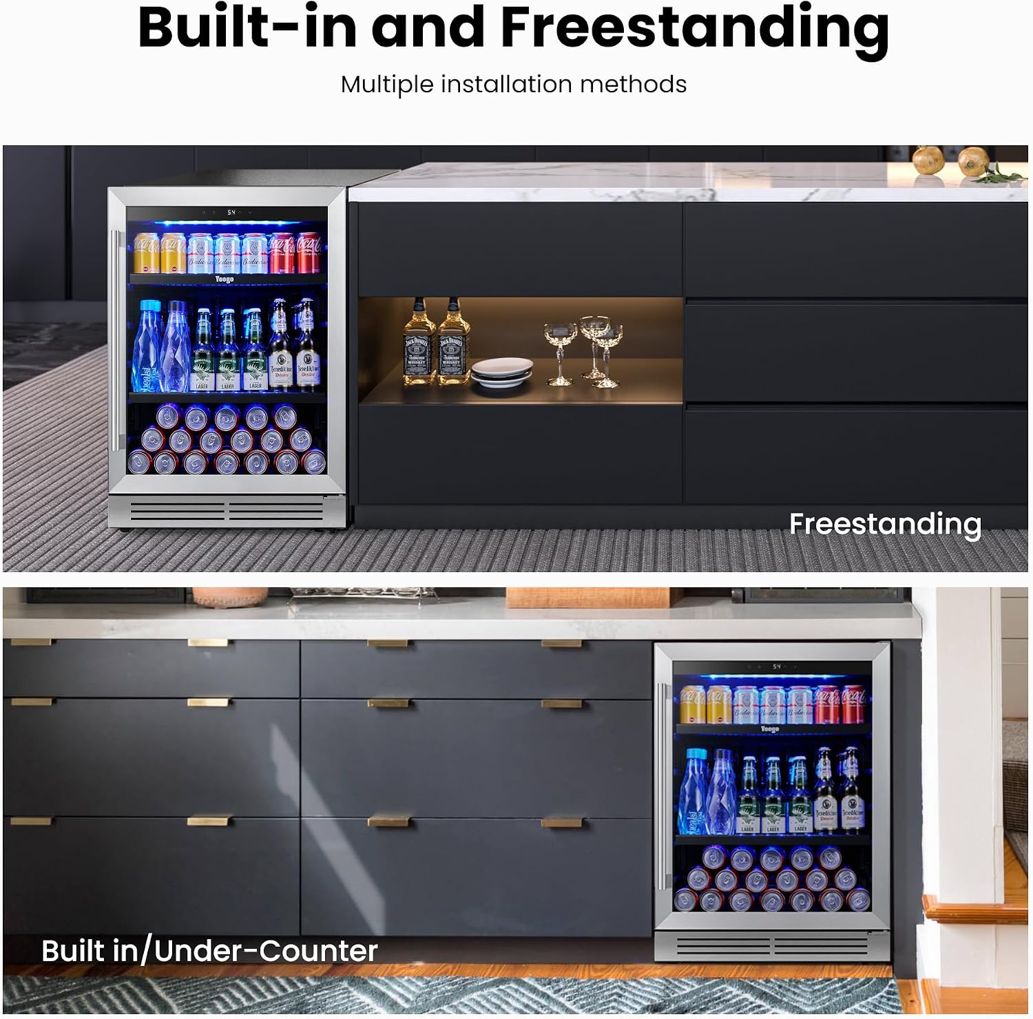 Yeego 24 Inch Beverage Refrigerator – 180 Can Built-In Under Counter Drink Fridge with Glass Door, 34–54°F Cooling for Beer, Soda & Wine (Right-Hinged)