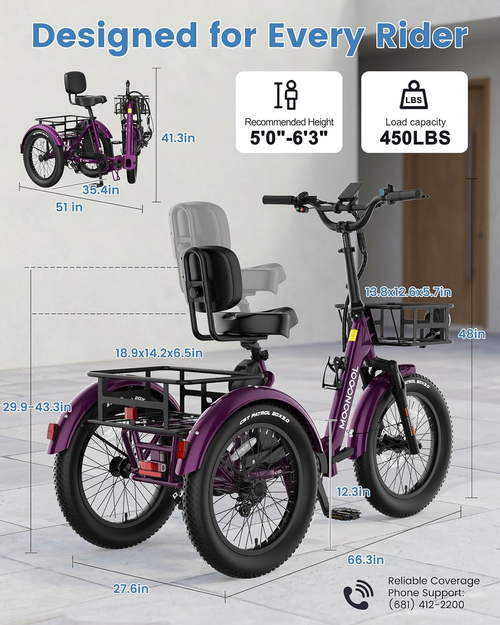 MOONCOOL Electric Trike for Adults, 500W/750W 48V Electric Tricycle for Adults, 20'x3.0' Fat Tire 3 Wheel Electric Bike, Folding Aluminum Adult Tricycle with Removable Battery