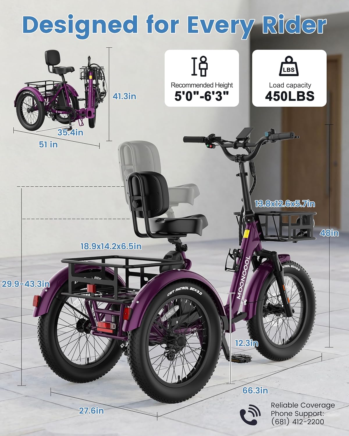 MOONCOOL Electric Trike for Adults, 500W/750W 48V Electric Tricycle for Adults, 20'x3.0' Fat Tire 3 Wheel Electric Bike, Folding Aluminum Adult Tricycle with Removable Battery